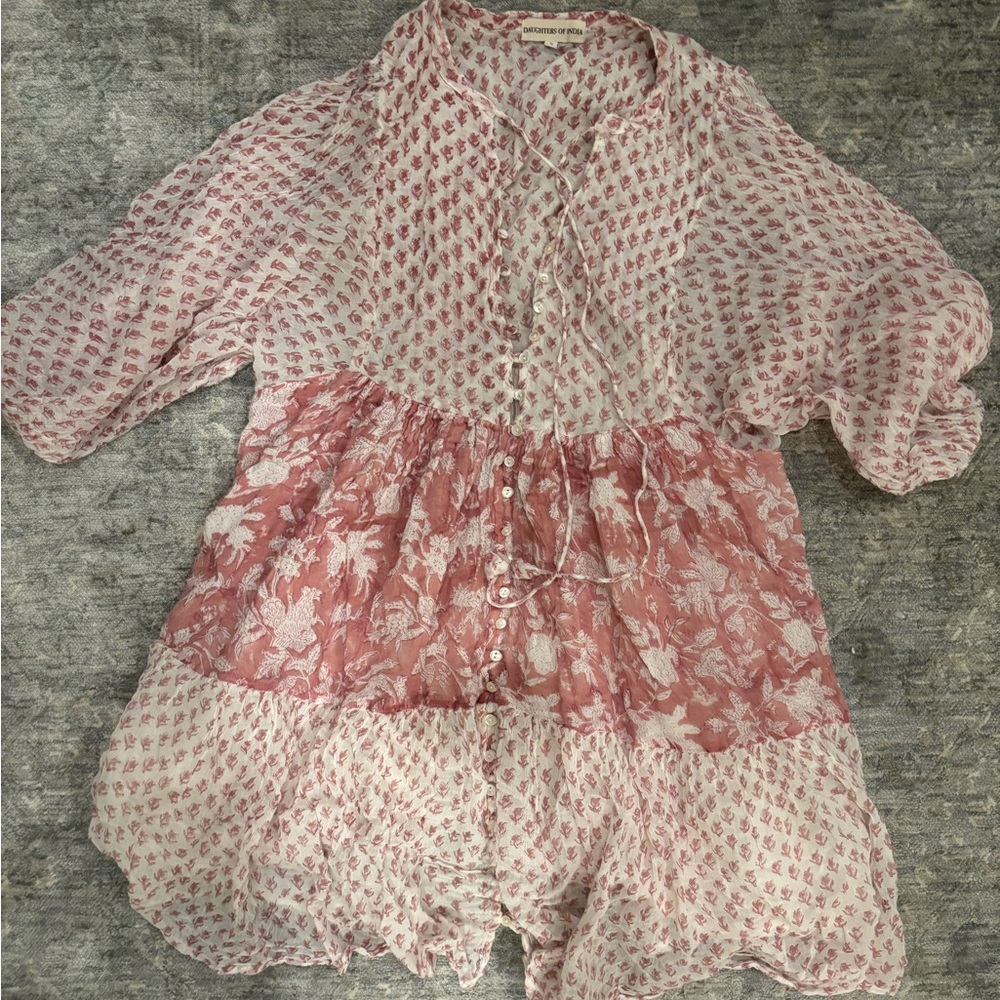 Daughters of India Boho Beach Pink block print Button-Up Mini Dress